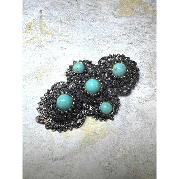 Vintage Large Statement Brooch Silver Tone with Turquoise Stones - Picture 2 of 6